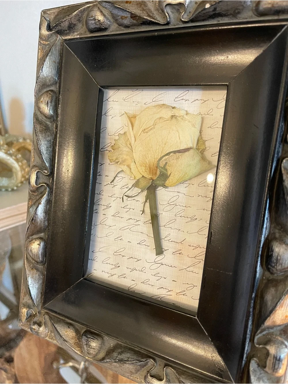 Decorative Black and Silver Photo Frame with Pressed Rose Accent